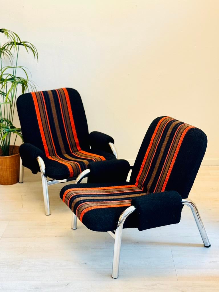 Fauteuils vintage à structure tubulaire « fat » chrome 1970, Enlèvement, Comme neuf, Tissus, Vintage seventies