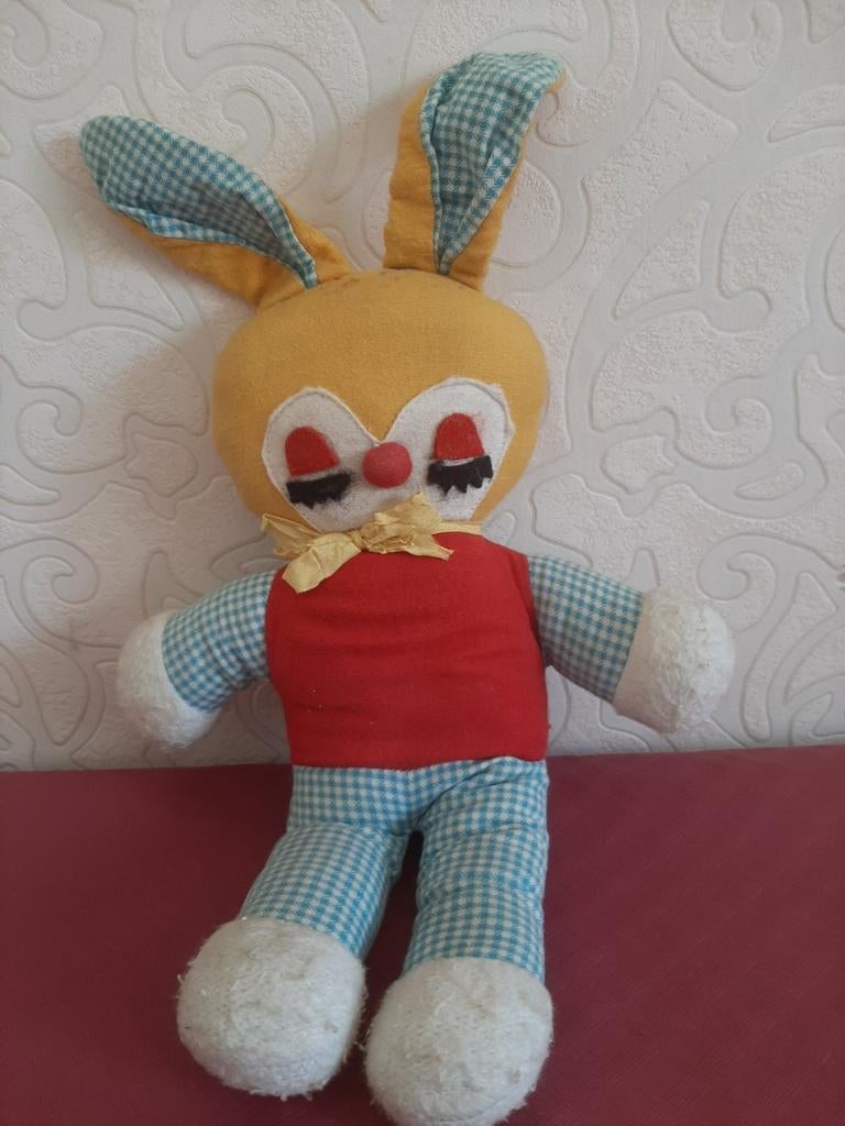 Retro stoffen/lappenpop konijn knuffel – jaren '60/'70, Ophalen of Verzenden, Gebruikt, Konijn