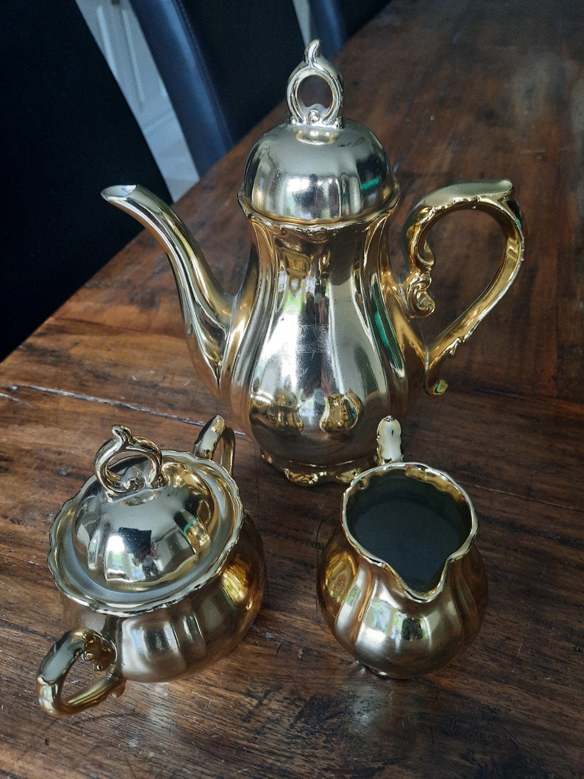 Koffiepot, suikerpot, melkpot goudkleurig, Antiek en Kunst, Antiek | Servies compleet, Ophalen