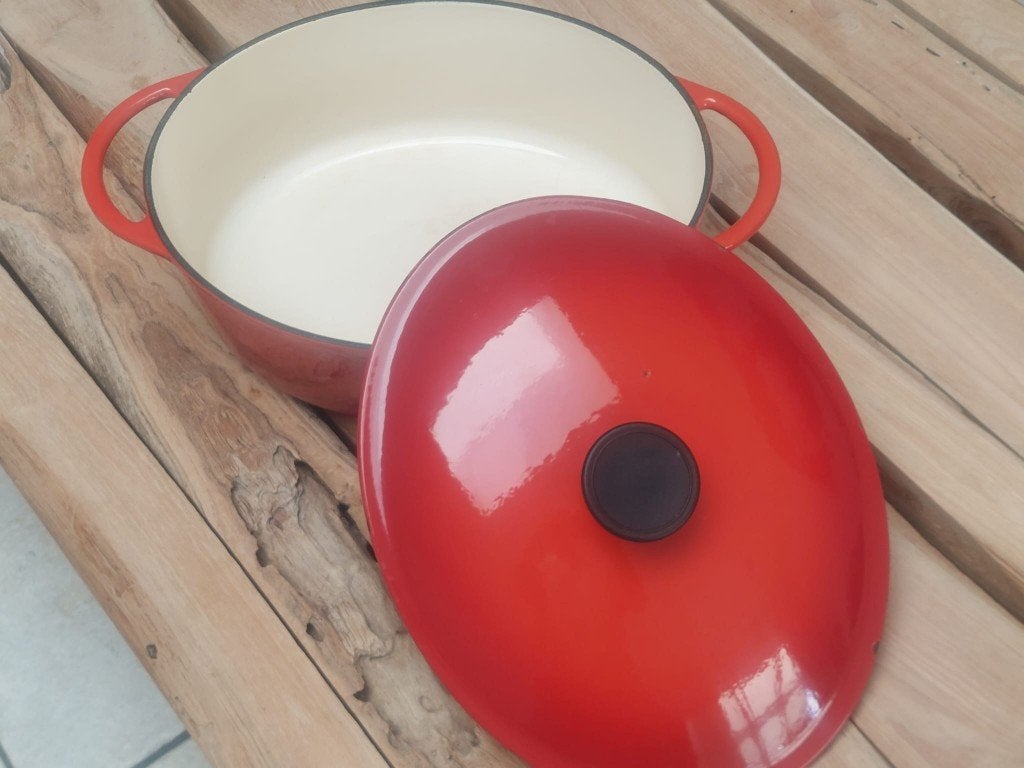 Vintage gietijzeren braadpan, Ophalen, Le Creuset, Zo goed als nieuw, Met deksel