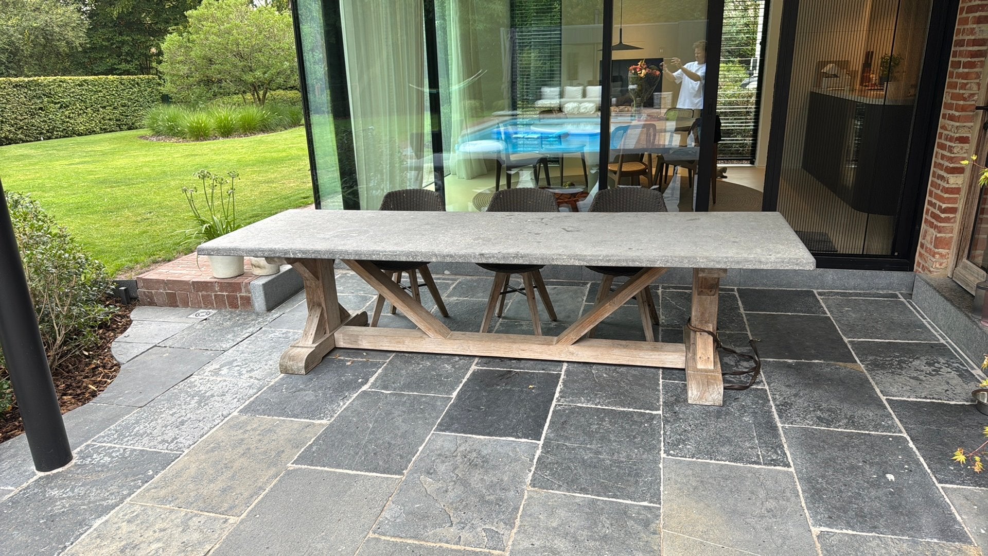 Tuintafel natuursteen bourbon sleeckx, Ophalen of Verzenden, Zo goed als nieuw, Rechthoekig, Teakhout