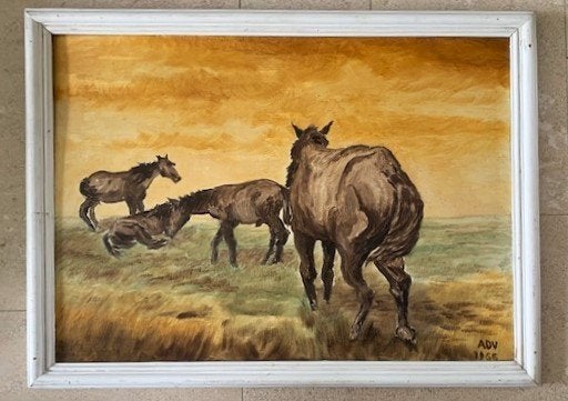 Chevaux dans la prairie 1966 - initiales A.D.V., Antiquités & Art, Art | Peinture | Classique, Enlèvement ou Envoi
