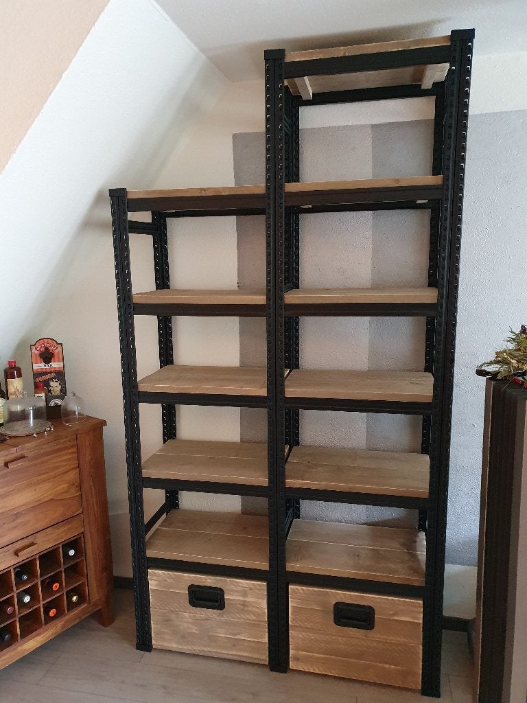 Unieke stellingkast van staal met legborden van steigerhout, Huis en Inrichting, Ophalen, Nieuw, 200 cm of meer
