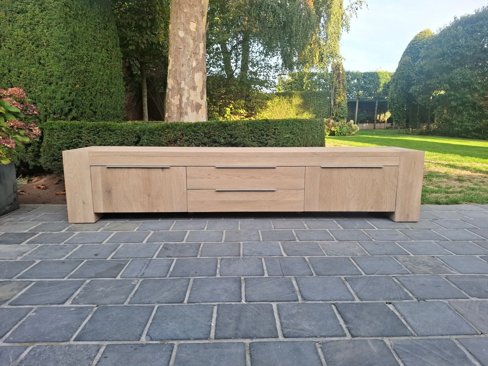 Volledig massief eiken tv meubel. Geluchtgomd., Ophalen of Verzenden