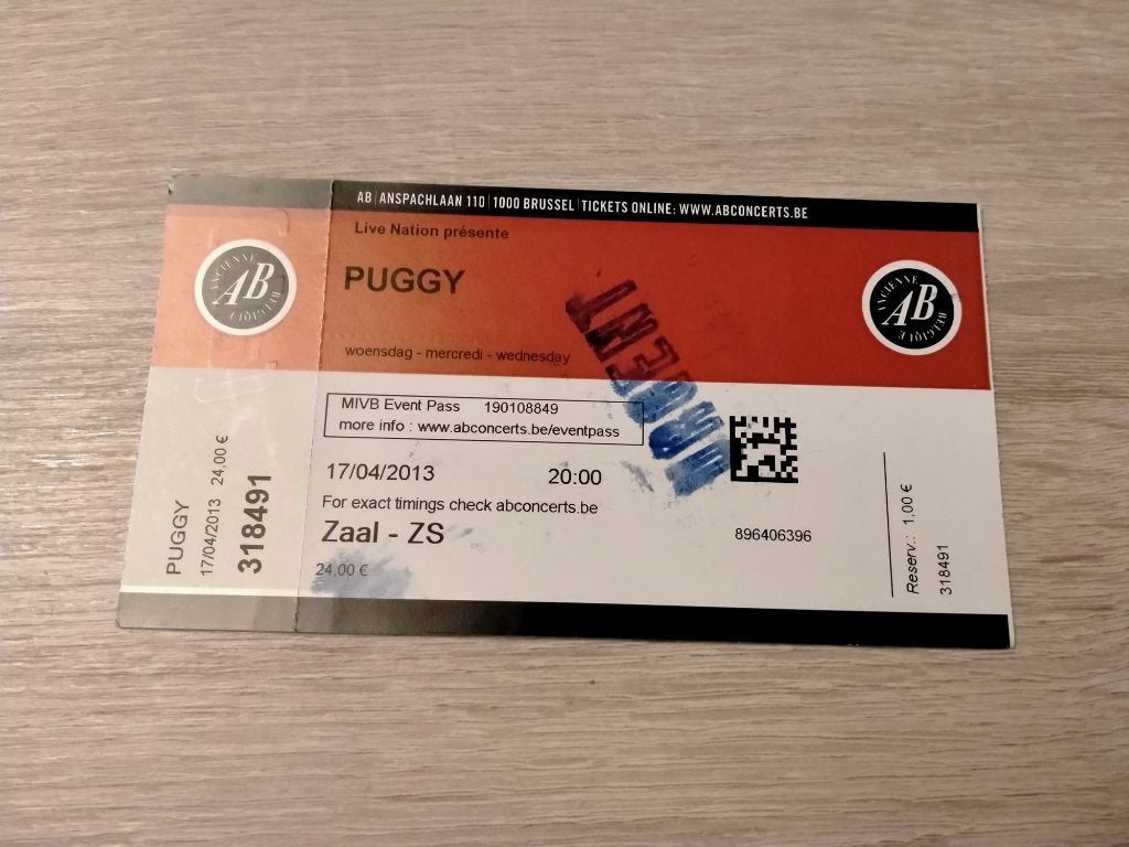 Ticket de concert Puggy @AB Brussels 17 april 2013, Collections, Enlèvement, Utilisé, Autres types