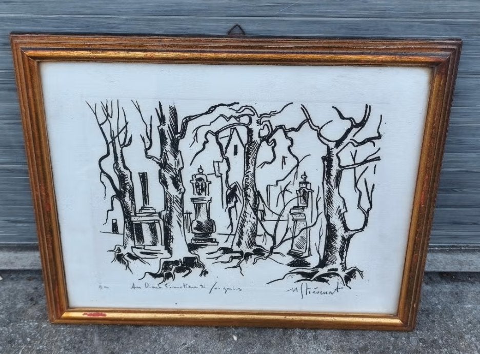 Gravure cimetière a soignies signe Michel stievenart, Antiek en Kunst, Kunst | Etsen en Gravures, Ophalen of Verzenden, Gravure