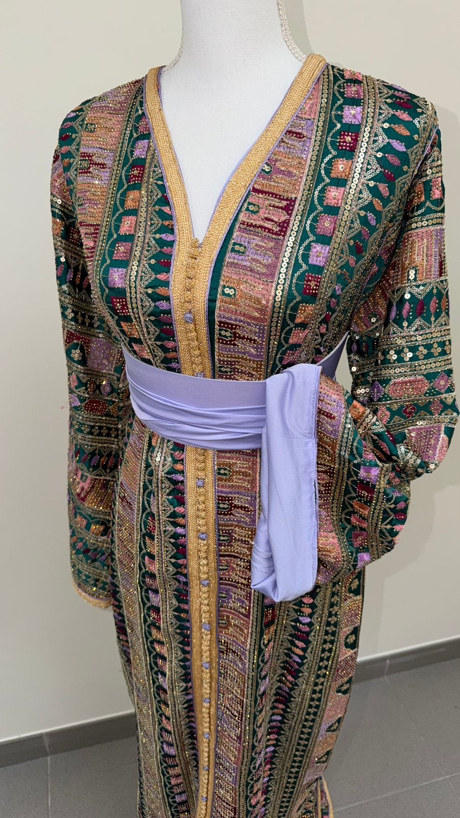 Sari caftan vert avec lilas, Autres types, Taille 42/44 (L), Neuf, Vert