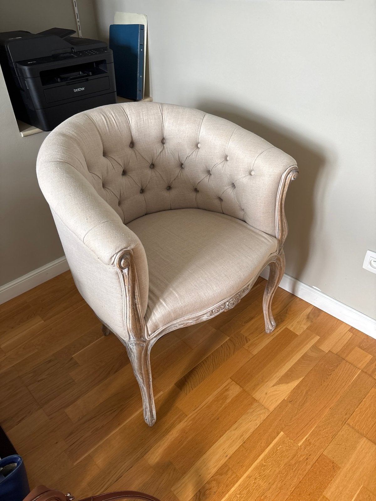 Franse Brocante Fauteuil / Gecapitonneerde Armstoel, Huis en Inrichting, Ophalen, Zo goed als nieuw