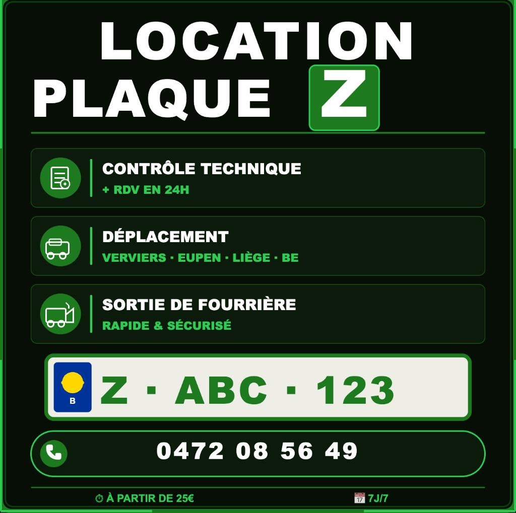 Location Plaque Z - Verviers - Liège - Eupen - Plaque Z, Auto diversen, Aanhangers en Bagagewagens, Ophalen of Verzenden