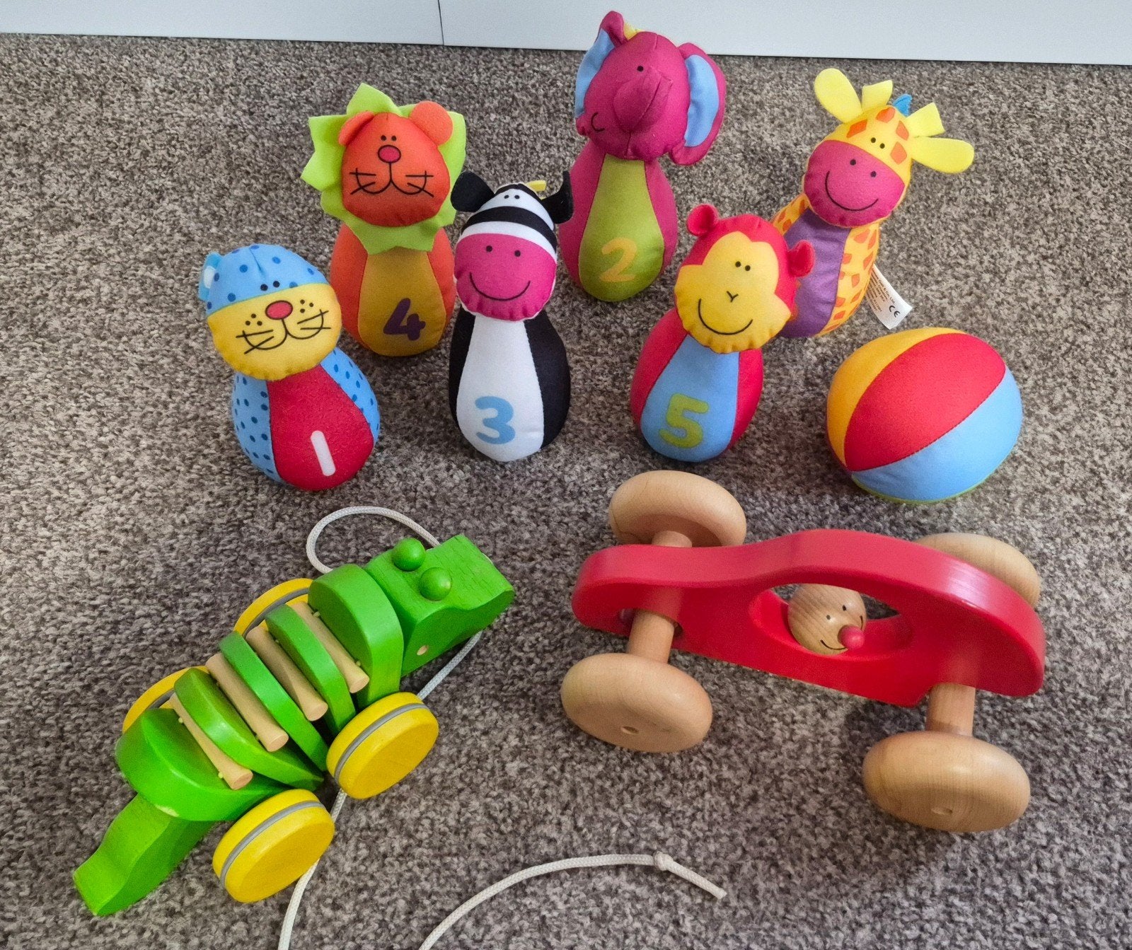 Houten trekspeelgoed + zacht bowlingspel – peuters, Enlèvement, Comme neuf, Garçon ou Fille