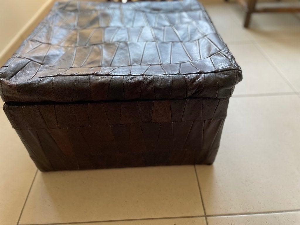 Vintage lederen patchwork poef, Huis en Inrichting, Ophalen, Gebruikt, 50 tot 75 cm, Leer