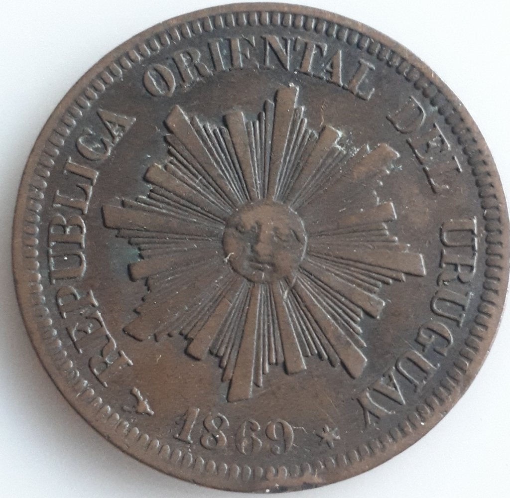 URUGUAY: 2 CENTESIMOS 1869 H KM 12, Postzegels en Munten, Ophalen of Verzenden, Zuid-Amerika, Losse munt