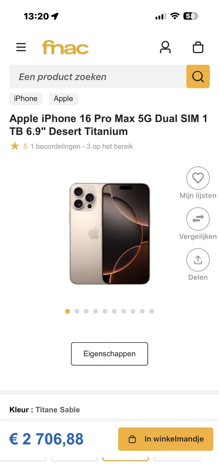 iPhone 16 pro Max Desert storm 1Tb met Sp Connect case 360, Autres modèles, Enlèvement ou Envoi, 6 mégapixels ou plus, Sans abonnement