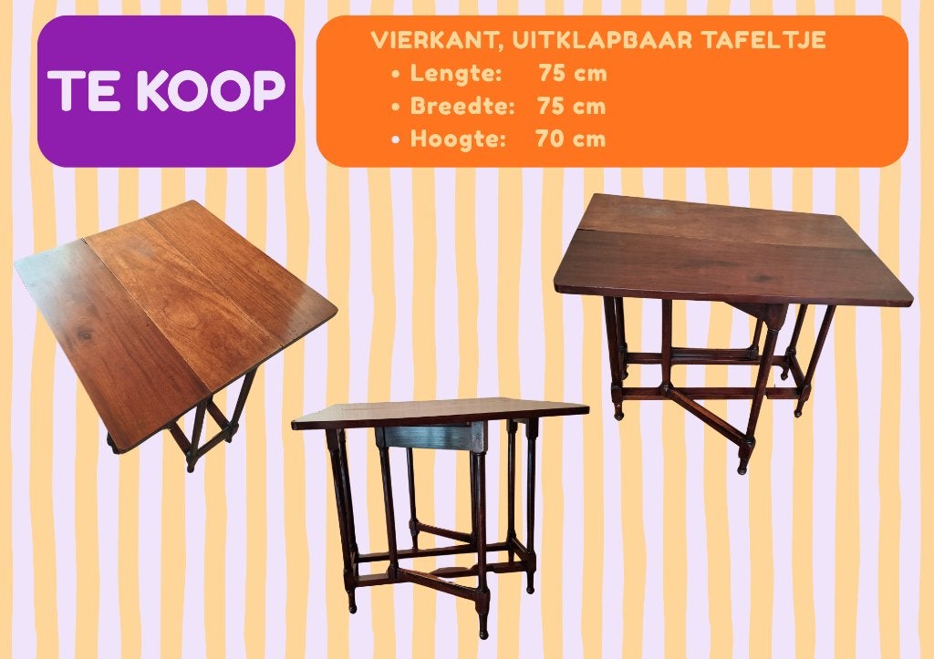 Vierkant, uitklapbaar tafeltje, Ophalen, Gebruikt, 50 tot 100 cm, 75 cm of meer