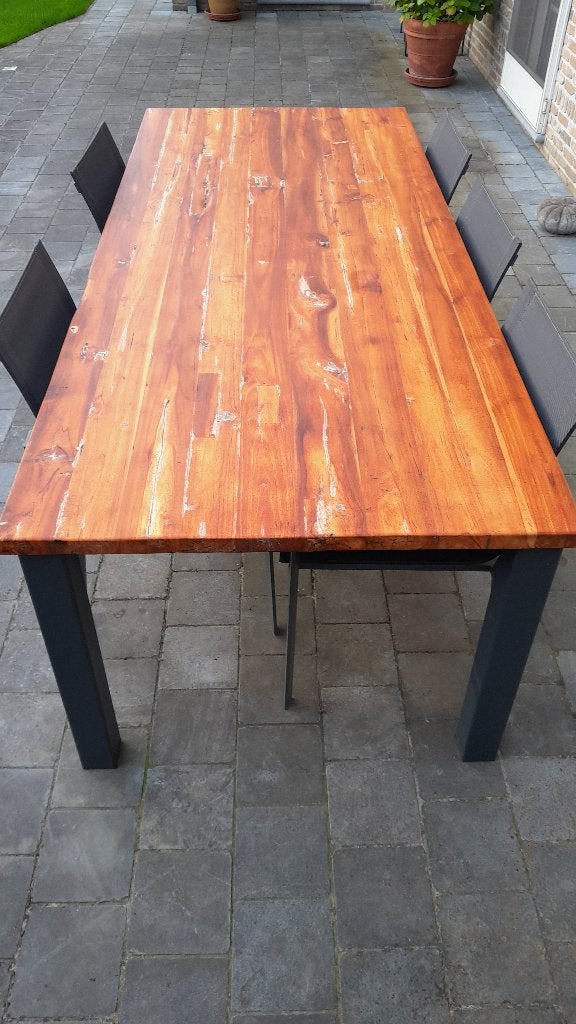 Teak tuintafel met metalen onderstel, Ophalen, Gebruikt, Rechthoekig, Teakhout