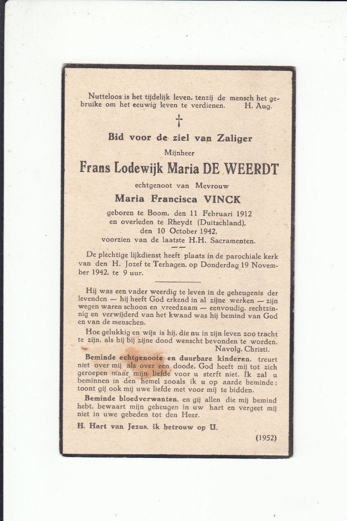 Slachtoffer WO II - Boom - Rheydt (D) 1942, Verzamelen, Bidprentjes en Rouwkaarten, Verzenden, Bidprentje
