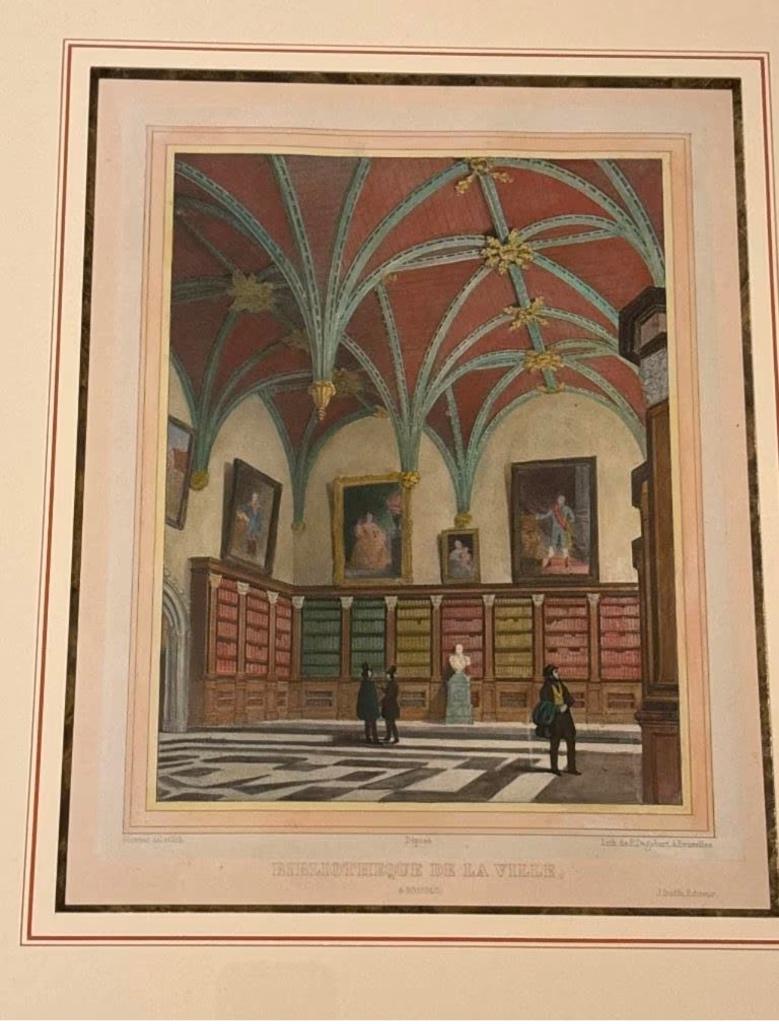 Gravure Brugge Oude stadsbibliotheek (1884), Antiek en Kunst, Kunst | Etsen en Gravures, Ophalen of Verzenden, Gravure, Ingelijst
