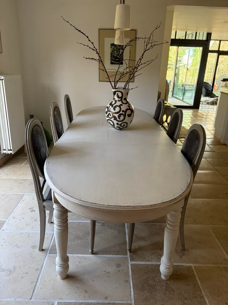 Tafel 1,85m tot 2,85m en stoelen. Weg voor aanvaardbaar bod, Ophalen, Gebruikt, Landelijk antique