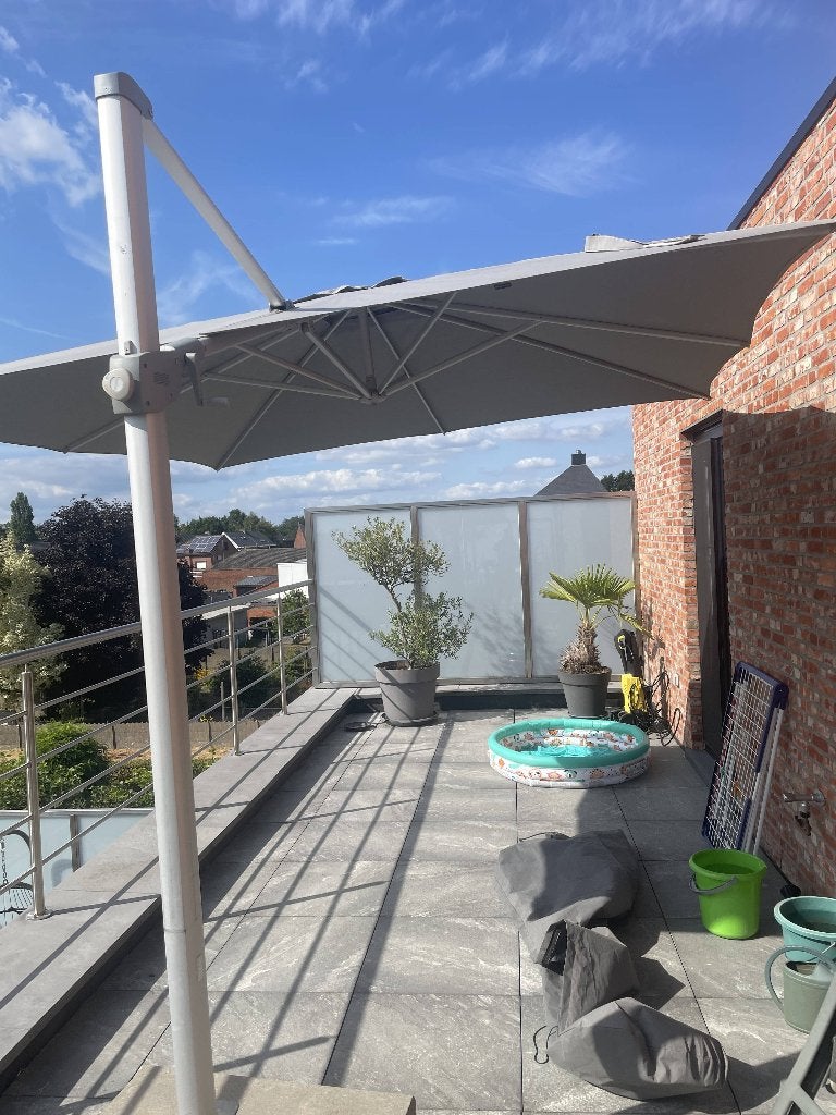 parasol 3X3 m met voet 120 kg, Jardin & Terrasse, 3 à 4 mètres, Comme neuf, Parasol flottant, Enlèvement