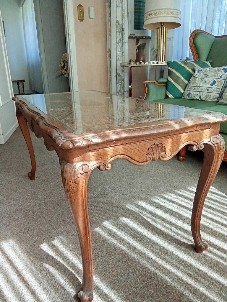 Louis XV salontafel plus set van drie bijzettafeltjes, Huis en Inrichting, Tafels | Salontafels, Ophalen, Gebruikt, Glas, Rechthoekig