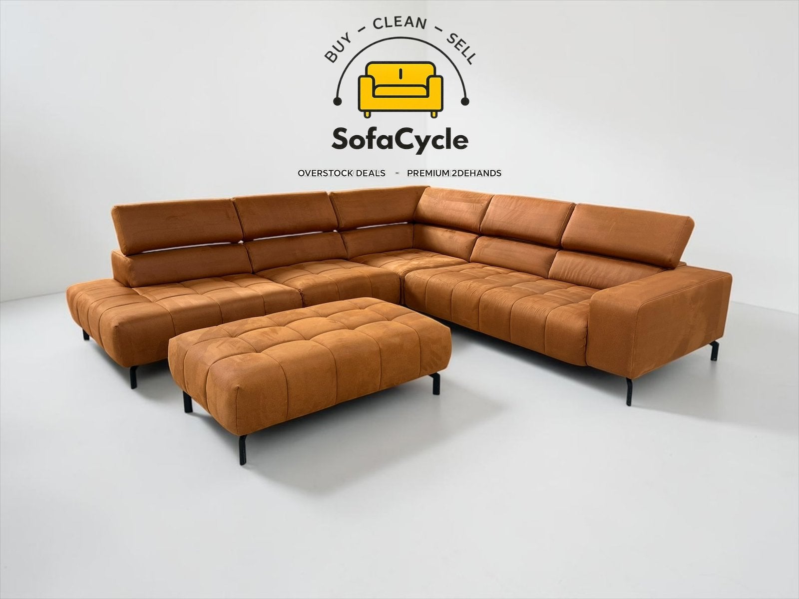 Chaise d'angle Cognac avec pouf et appuie-têtes réglables, Enlèvement ou Envoi, Comme neuf, SofaCycle, Info@sofacycle.be