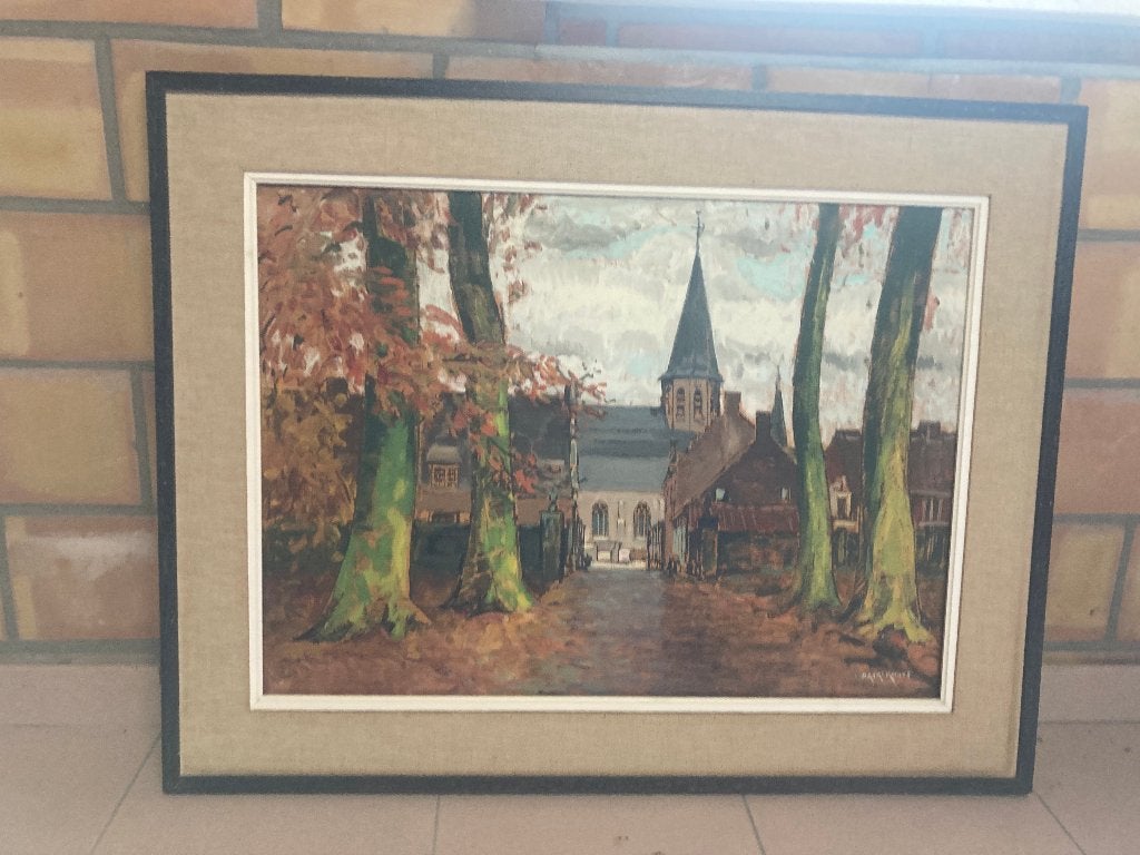 schilderij kerk zwevezele, Doek, Olieverf, Klassiek, Stads- / dorpsgezicht