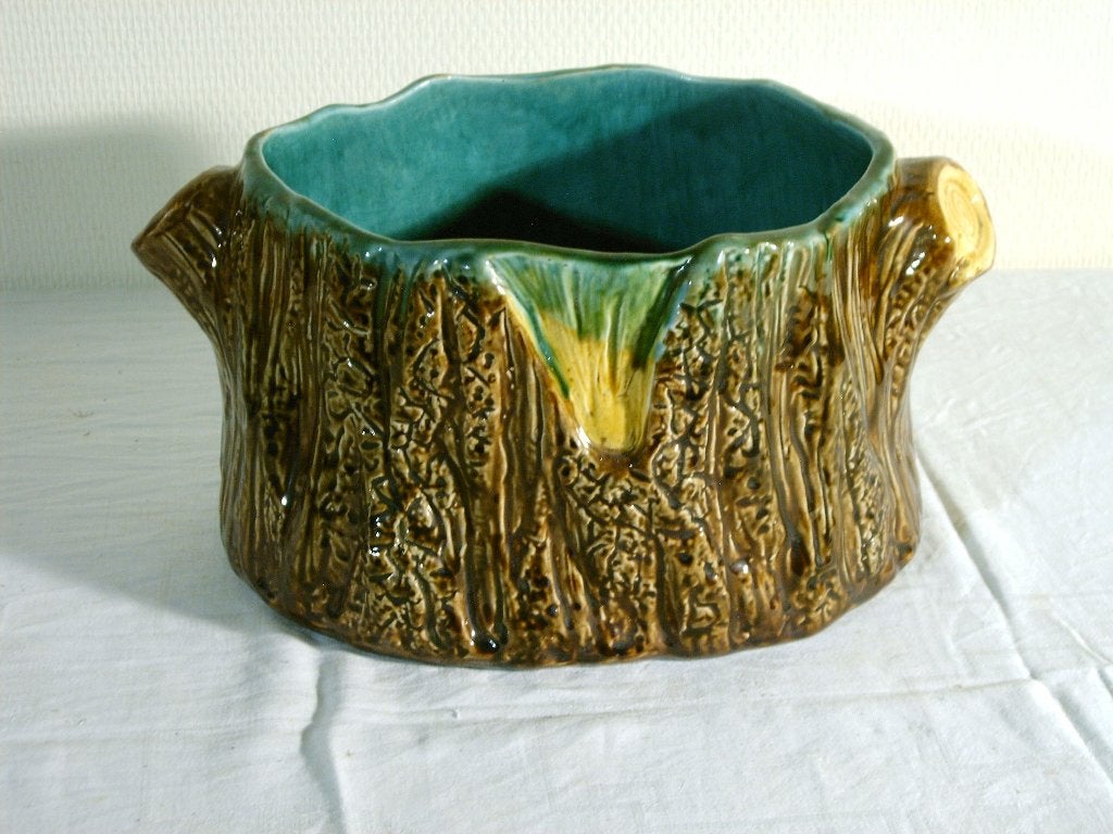 Antieke barbotine cachepot boomstronk, Antiek en Kunst, Ophalen of Verzenden
