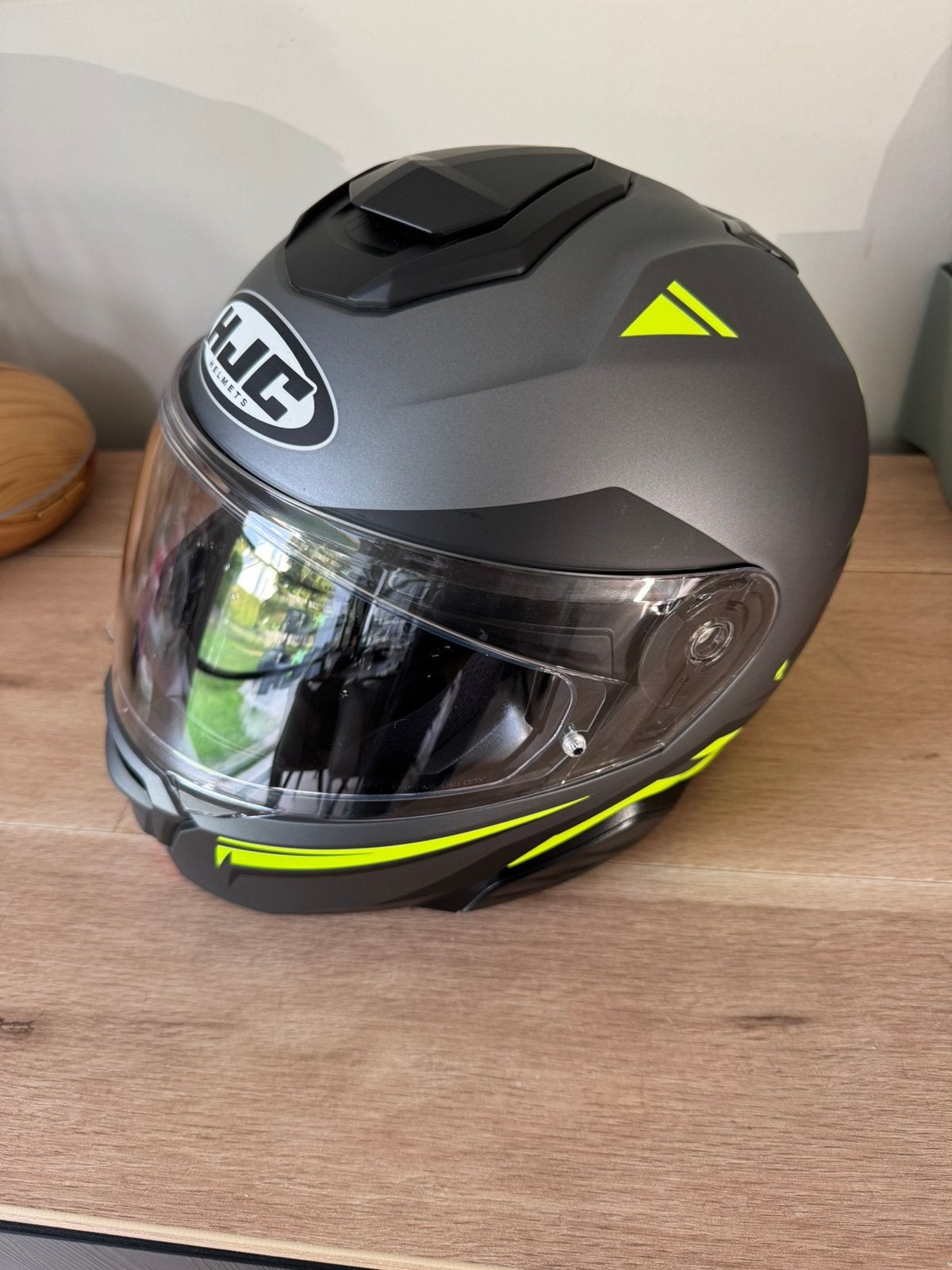 Hjc i91 grijs/fluo systeemhelm nieuwstaat !, Motoren, Ophalen of Verzenden, Systeemhelm, HJC