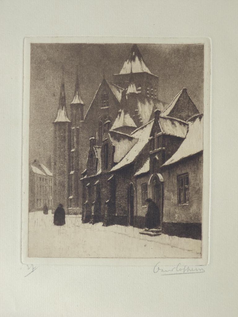 Omer Coppens ets Brugge in de sneeuw eau-forte gravure, Enlèvement ou Envoi