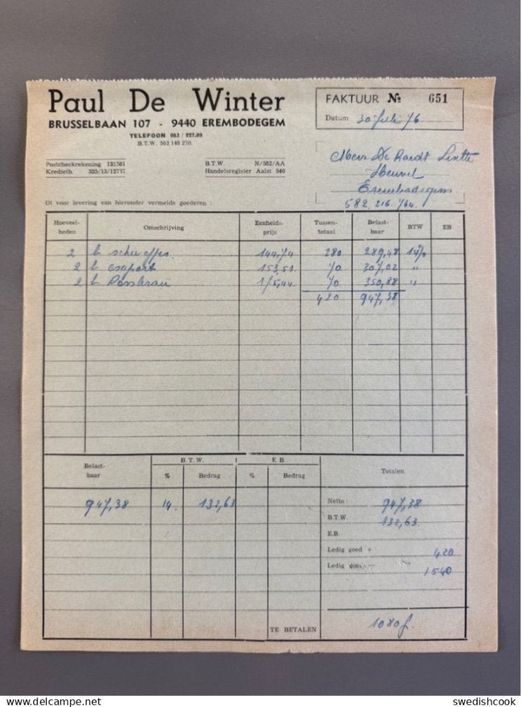 Faktuur Brouwerij Paul De Winter Erembodegem - Aalst 1976, Ophalen of Verzenden, Oost-Vlaanderen