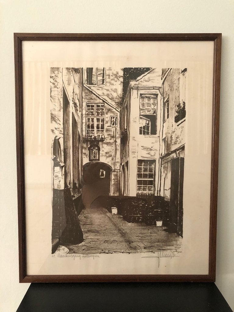 ets Vlaeykensgang Antwerpen, Antiek en Kunst, Kunst | Etsen en Gravures, Ophalen, Ets, Stadsgezicht, 42 cm