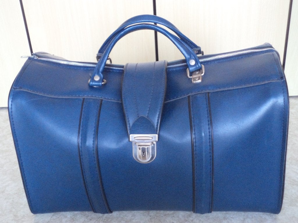 Vintage reistas in blauw kunstleer, 1970, Ophalen, 40 tot 60 cm, 20 tot 30 cm, Blauw