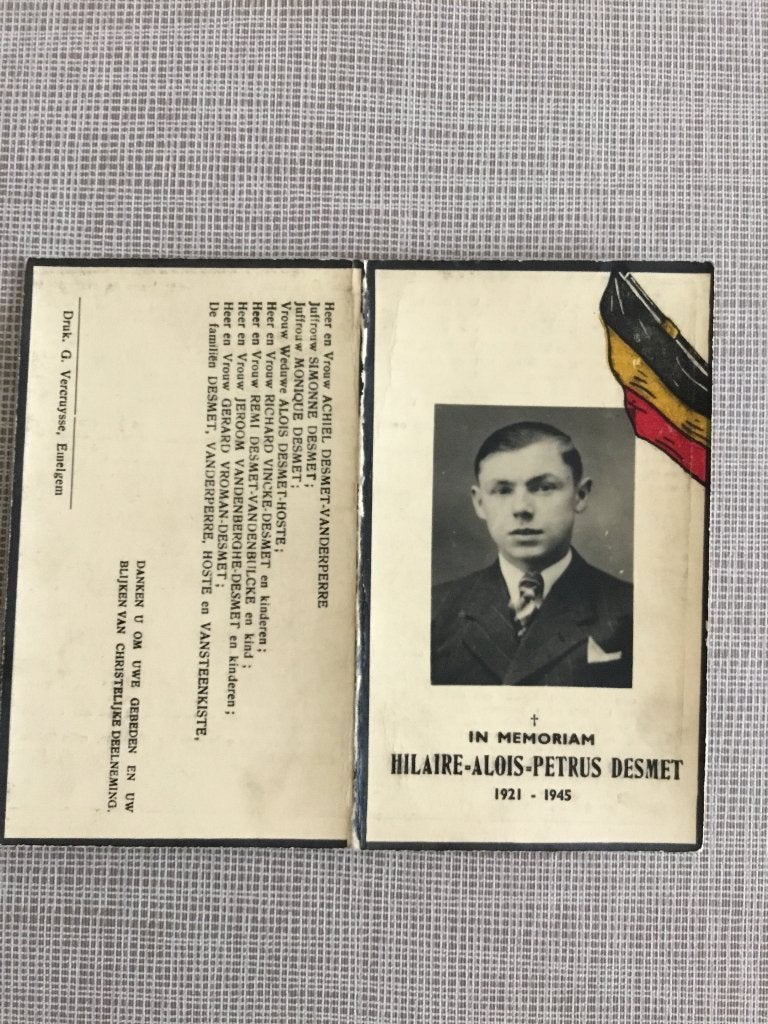 Victime de guerre Desmet Izegem + camp de concentration 1945, Collections, Enlèvement ou Envoi, Image pieuse