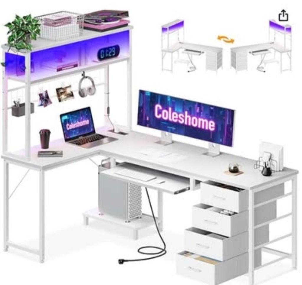 Coleshome bureau d'angle, avec LED et prise, Métal, 80 cm ou plus, 70 à 120 cm, Comme neuf