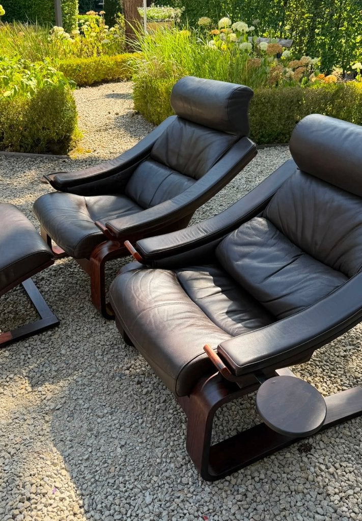 Vintage zetels, ROCHE BOBOIS, in bruin leder, jaren 70, Huis en Inrichting, Ophalen, Hout