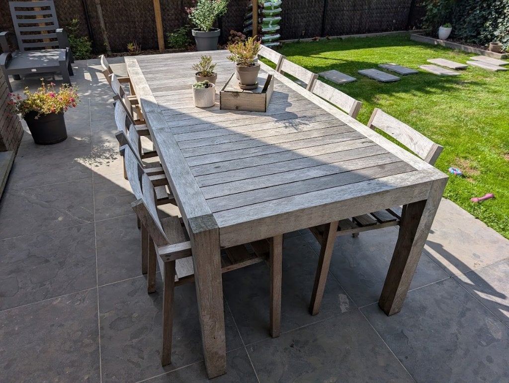 Tuintafel en stoelen in teak, Ophalen, Gebruikt, Rechthoekig, Teakhout