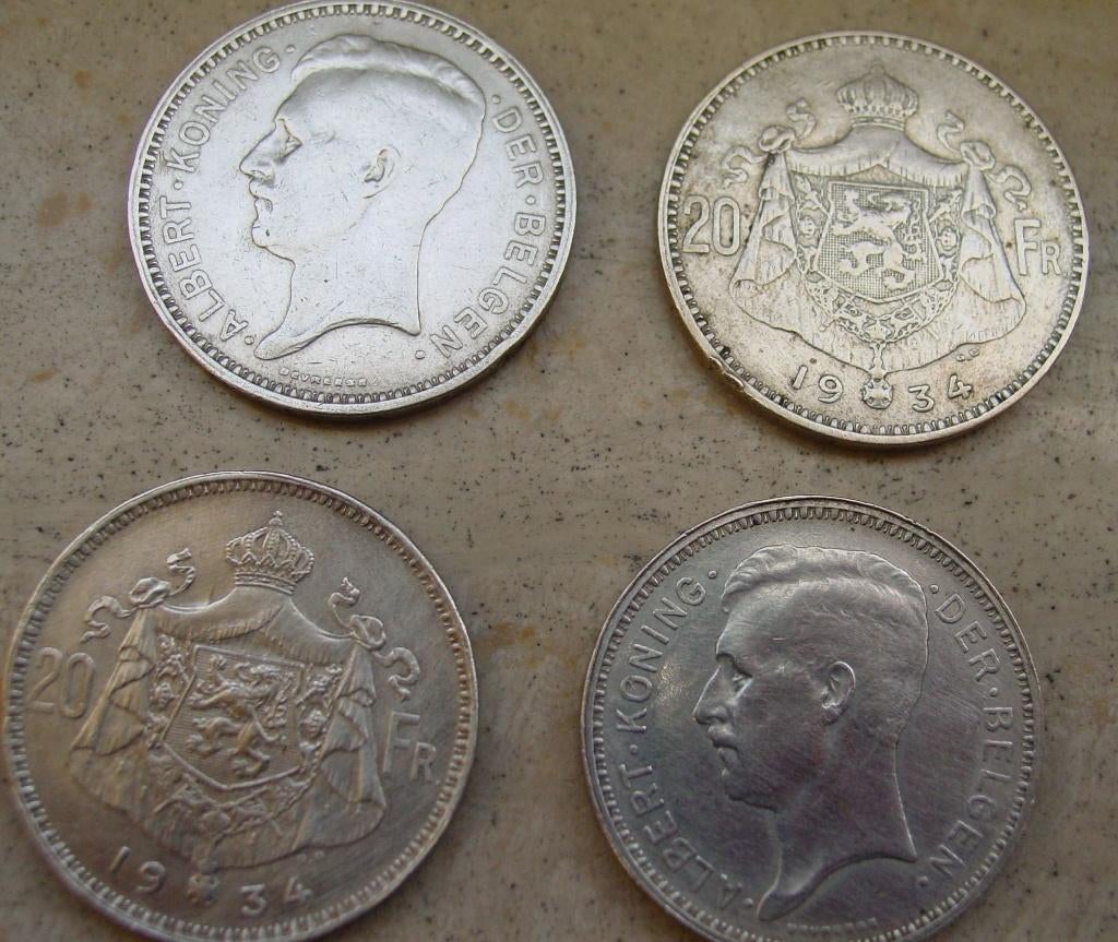 MUNT BELGIE : 4 X 20 FR ALBERT -1934-, Postzegels en Munten, Munten | België, Ophalen of Verzenden