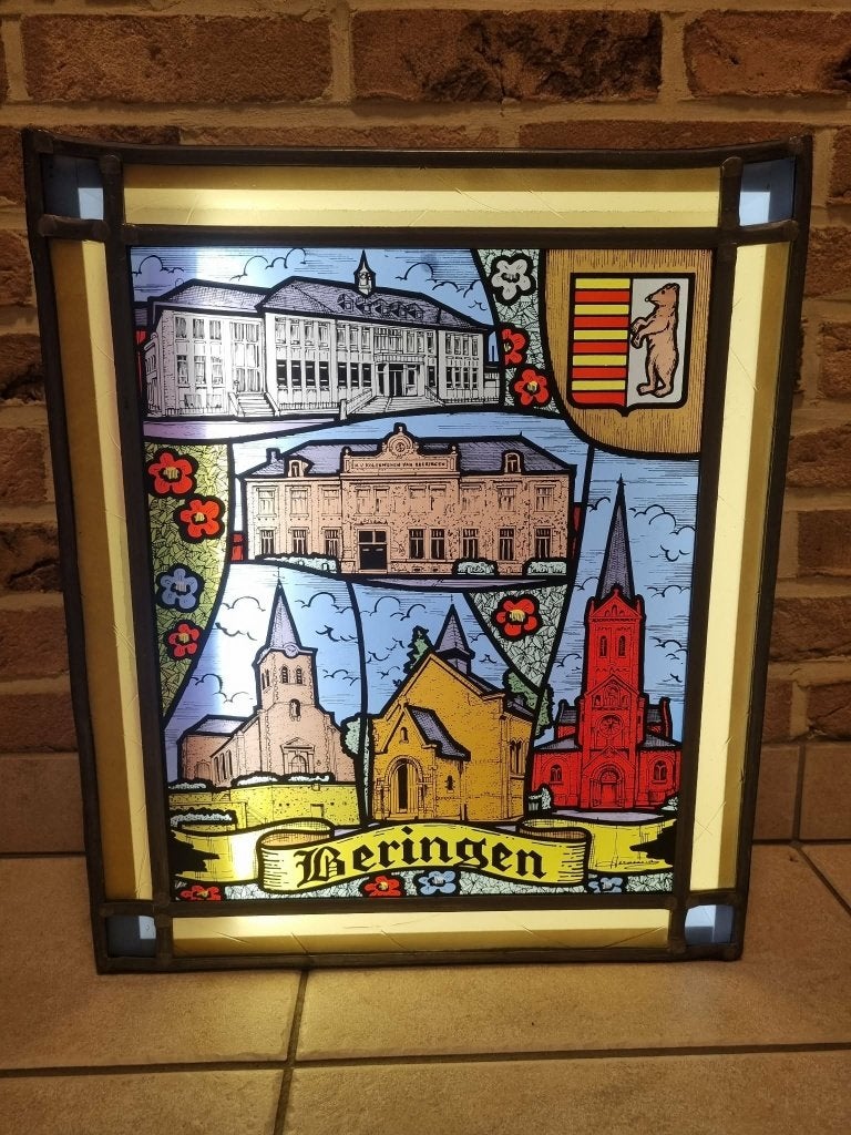 Glasraam in lood Beringen met lichtbak met afstandsbediening, Ophalen, Gesigneerd