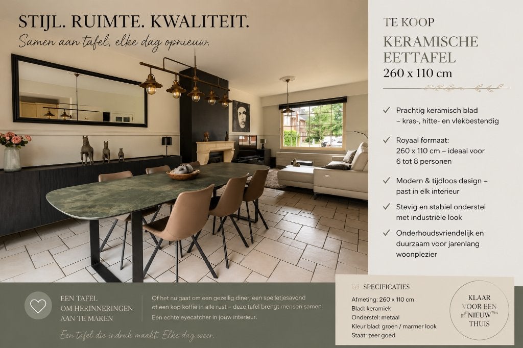 Te koop prachtige keramische eettafel – 260 x 110 cm, Huis en Inrichting, Ophalen, Overige materialen, 100 tot 150 cm, 200 cm of meer