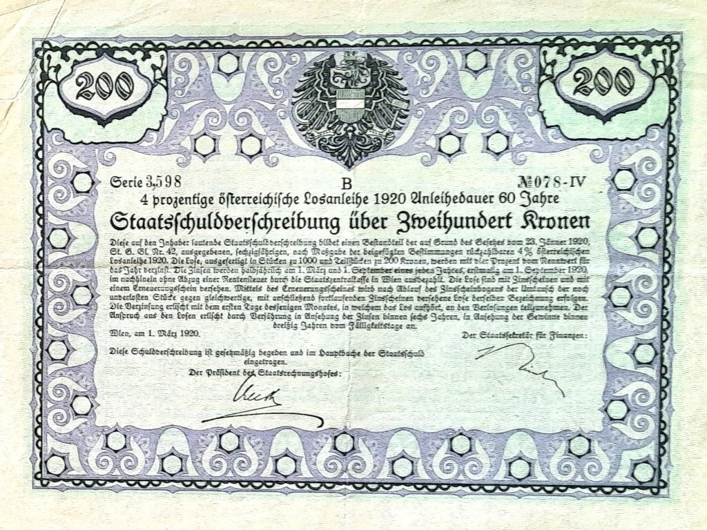 4 prozentige österreichische Losanleihe 1920 - Wien, Timbres & Monnaies, Enlèvement ou Envoi, 1920 à 1950, Obligation ou Prêt