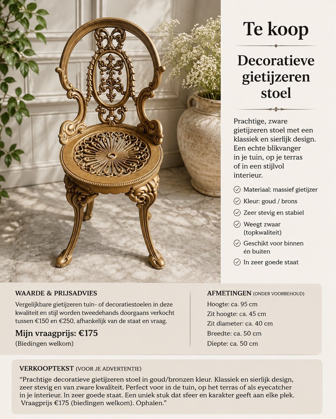 Chaise décorative en fonte, Enlèvement