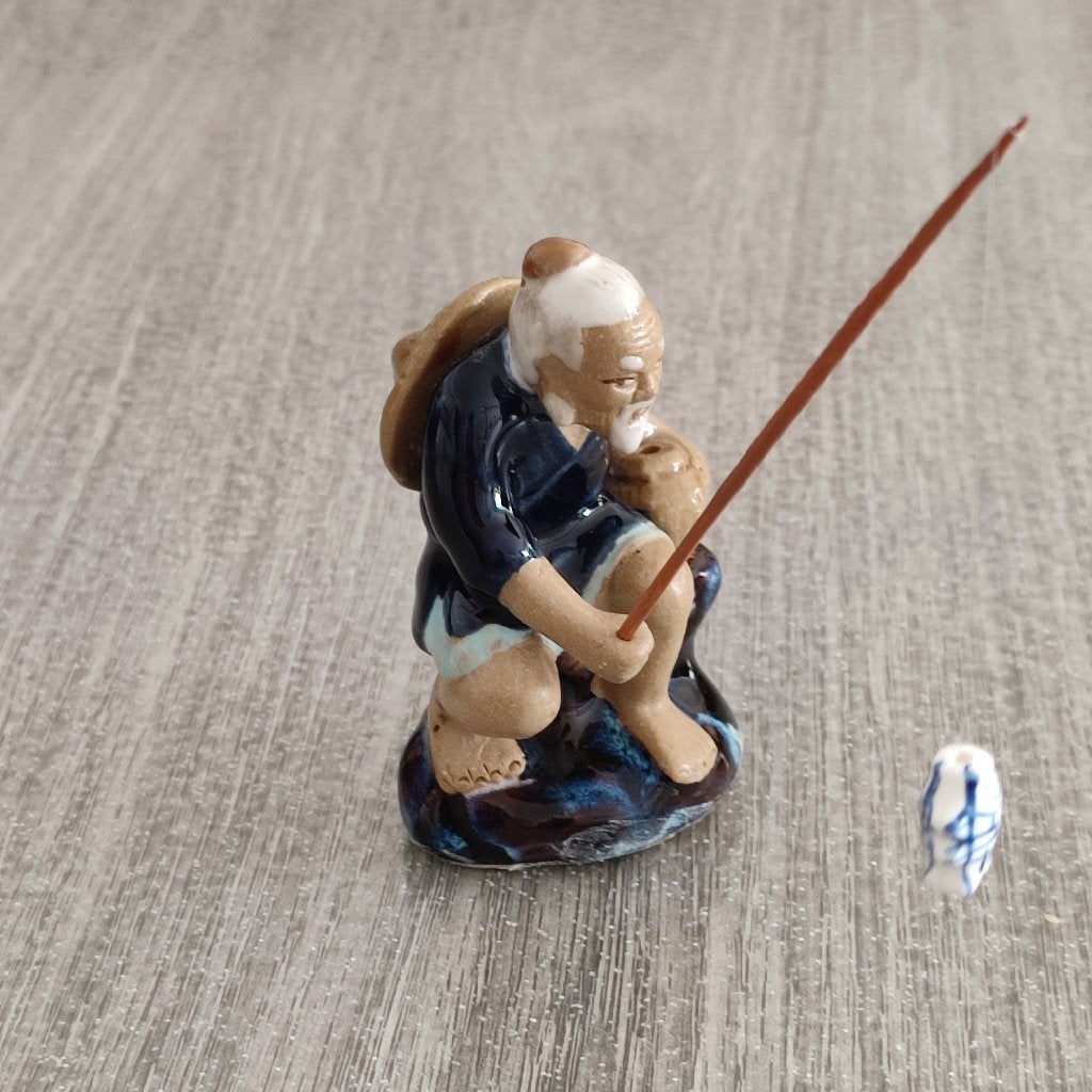 Mudman keramisch beeldje 9 cm - Chinese visser donkerblauw, Ophalen, Zo goed als nieuw