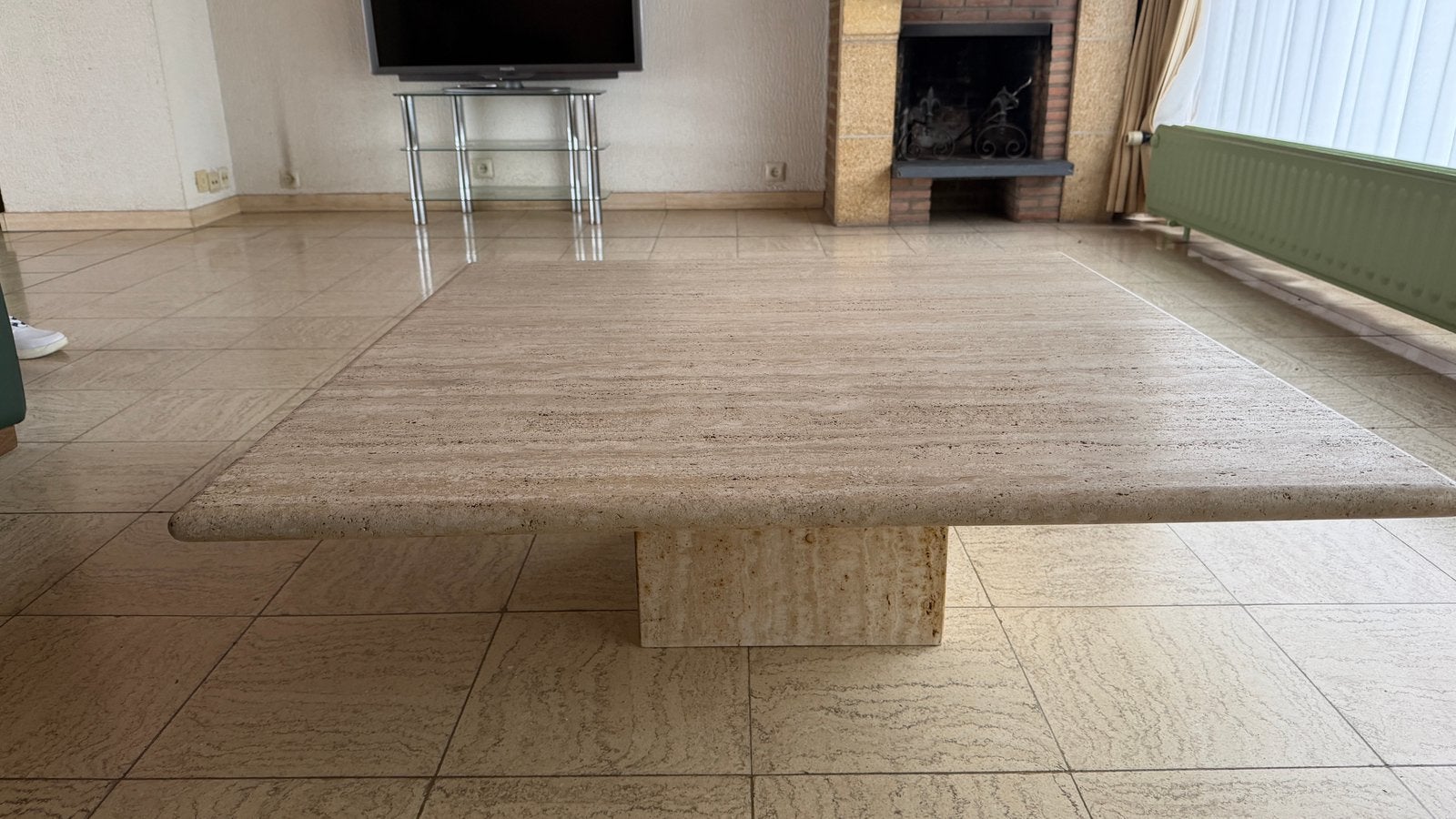 Travertin vierkante woonkamertafel 1mx1mx33cm, Ophalen, Gebruikt