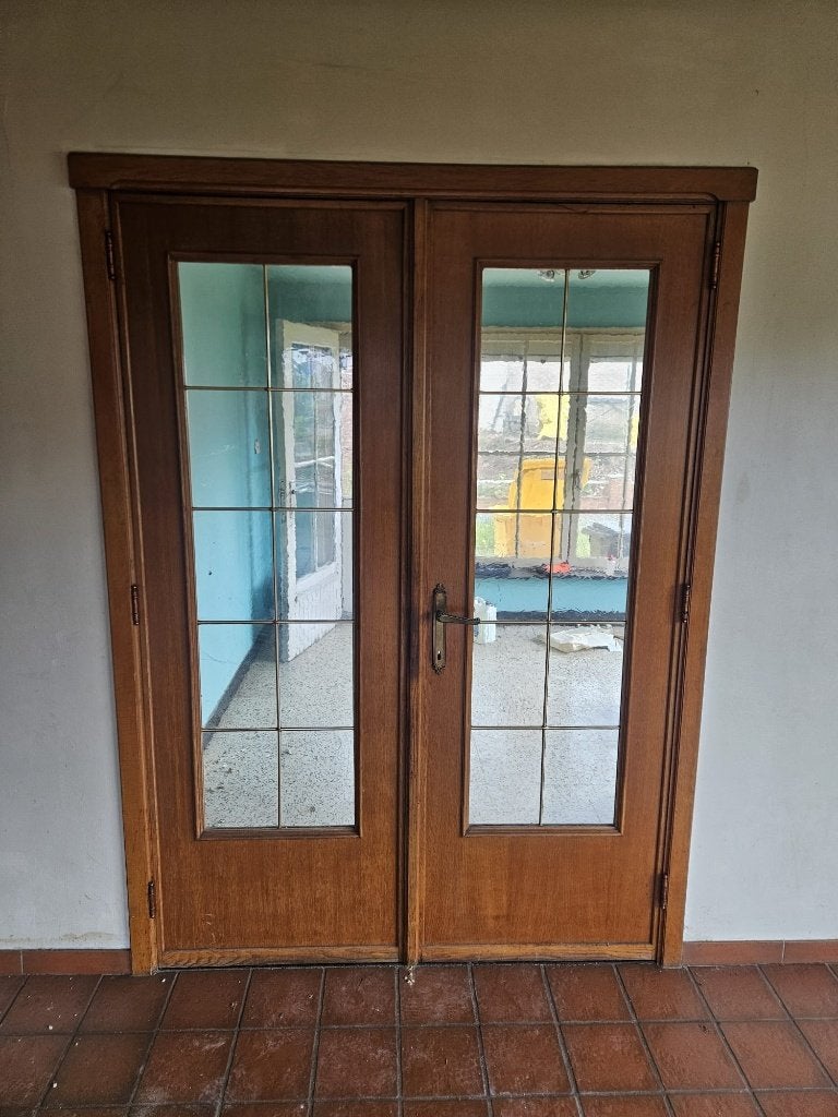 Dubbele eiken binnendeur met glas en omlijsting, Ophalen, Gebruikt, 120 cm of meer, Binnendeur