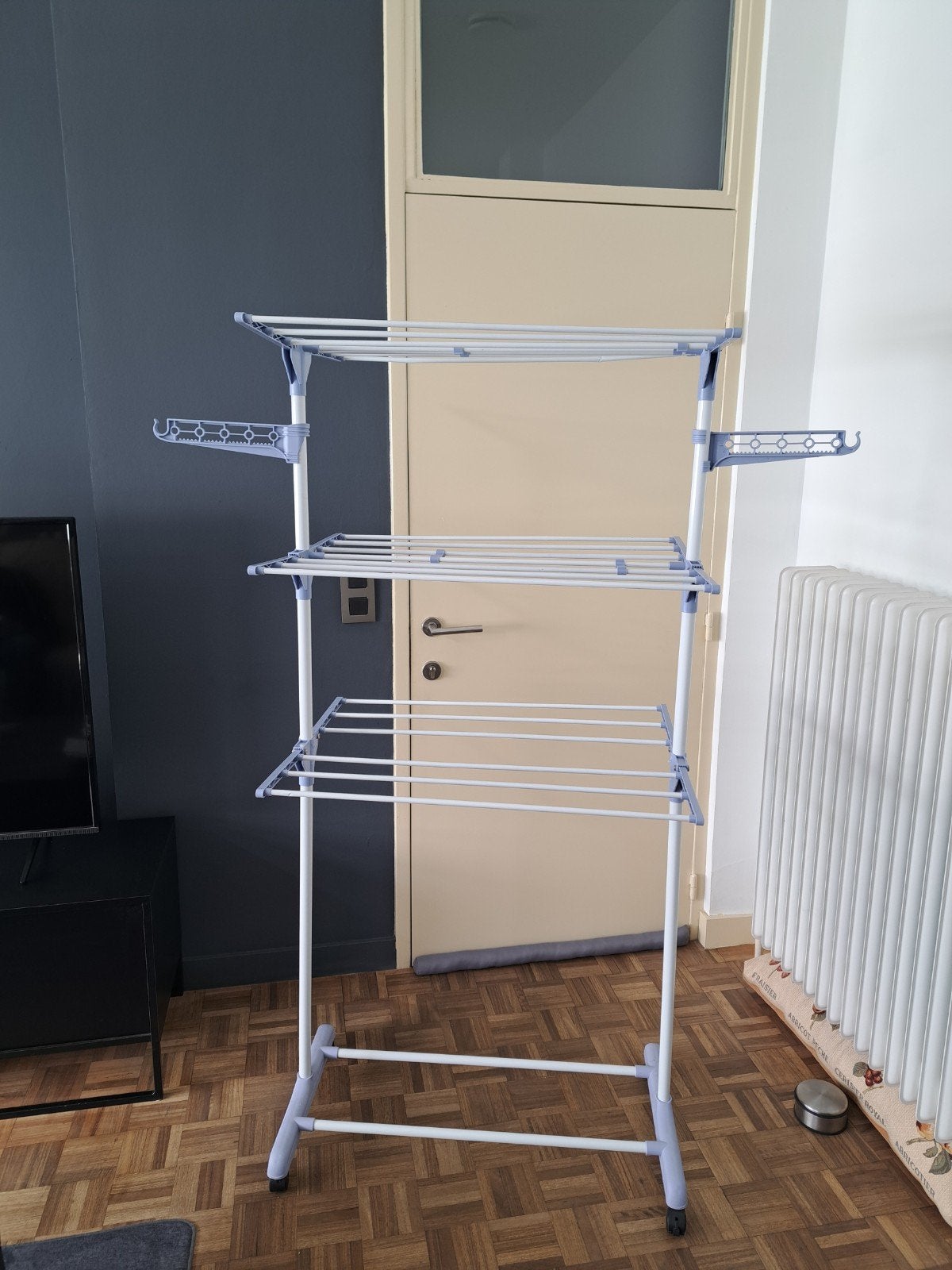 Étendoir à linge 3 de long. blanc-bleu, Enlèvement, Avec roues, Utilisé