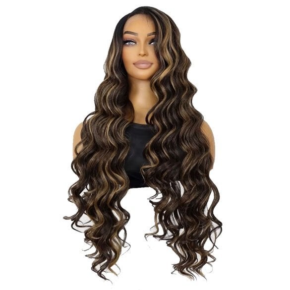 Luxe swiss lace pruik zeer lang donkerbruin haar met grove s, Verzenden, Nieuw