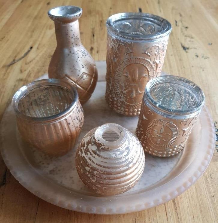roze " zilverglas " dienblaadje, 3 theelichtjes & 2 vaasjes, Overige materialen, Gebruikt, -, -