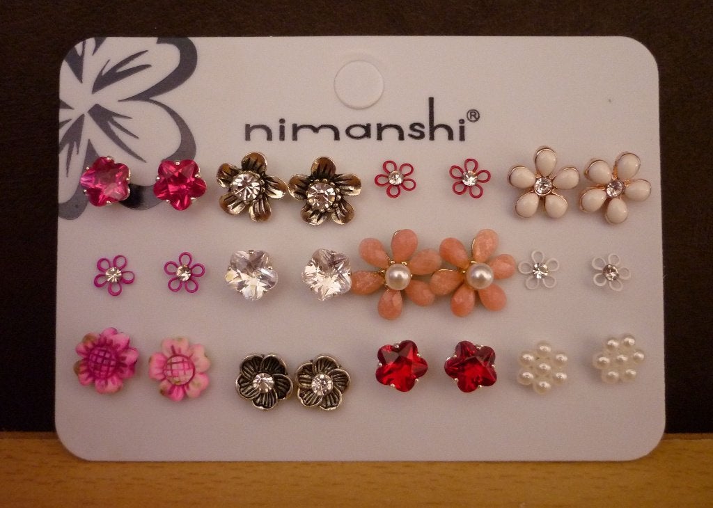 12 paar bloem oorbellen rood roze fuchsia wit strass parels, Bijoux, Sacs & Beauté, Enlèvement ou Envoi, Rouge