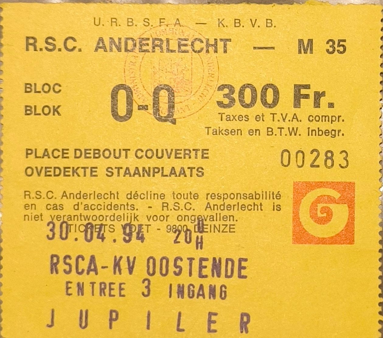ticket 1994 RSC Anderlecht Ostende, Tickets & Billets