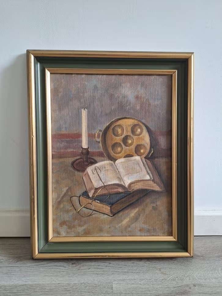 Stilleven met boek, bril en kandelaar - Olieverf op doek, Antiek en Kunst, Doek, Stilleven, Ophalen of Verzenden, Olieverf